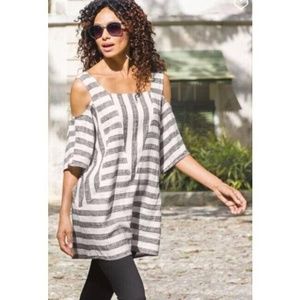 Soft Surroundings Linen Grey Striped Sunset Cold Shoulder Tunic Top Small